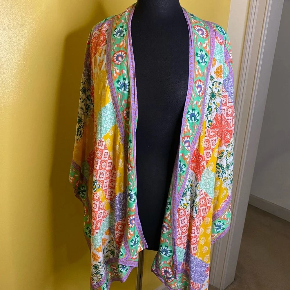 Tolani Collection, yellow, orange, floral, wide sleeve, open kimono, 1X… - Picture 3 of 3